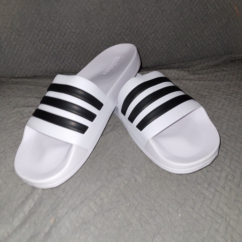 adidas White Slides with Black Three-Stripes